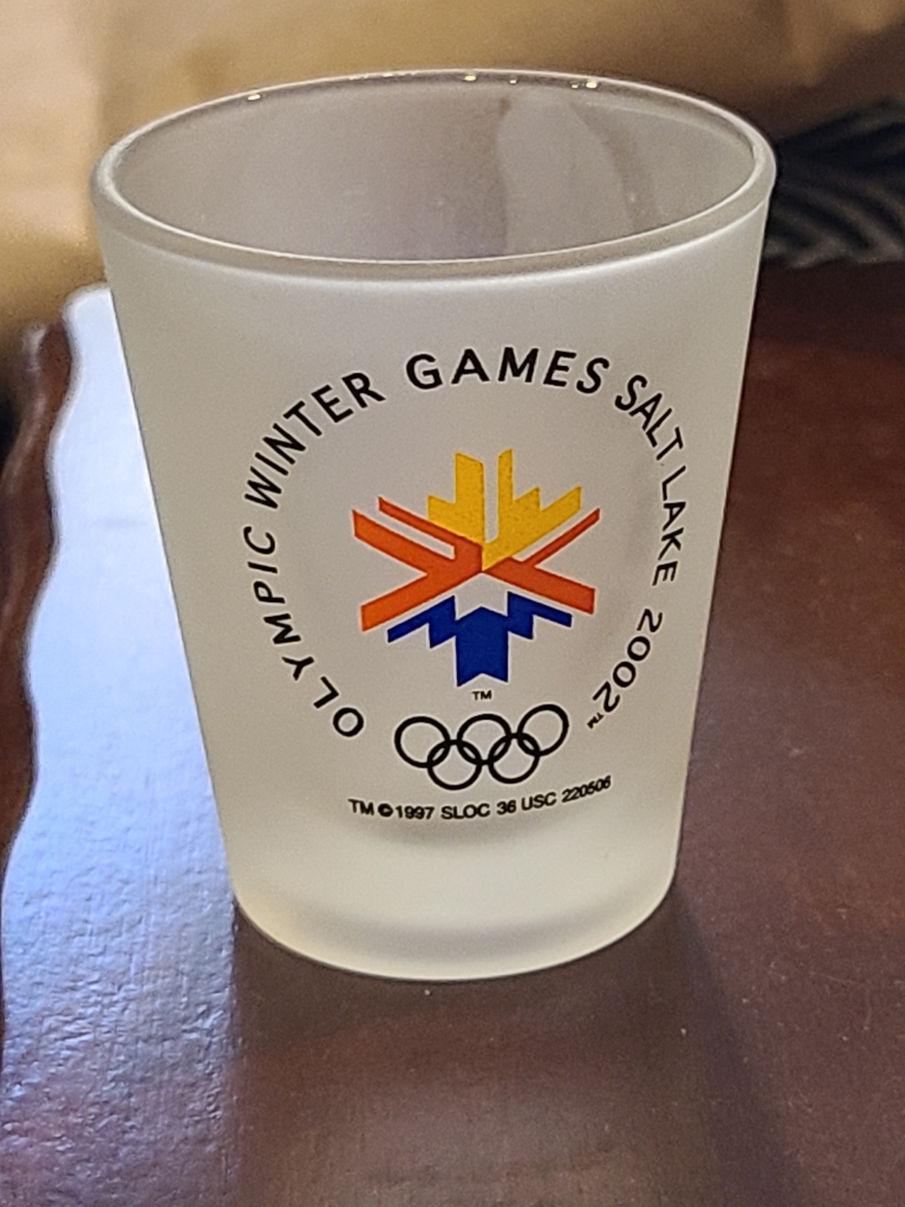 Vintage Frosted Shot Glass with Multi-Color Olympic Logo